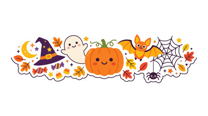 Fototapeta premium Halloween horizontal border with pumpkin, ghost, and bat.