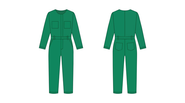 Green Jumpsuit Coverall Boiler Suit Technical Sketch for Workwear Uniform Fashion Design Front and Back View