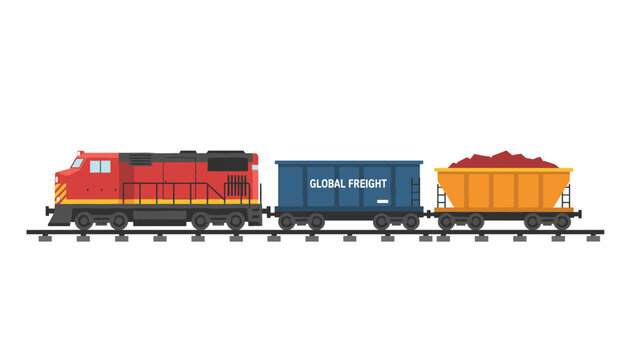 Red diesel locomotive pulling cargo wagons loaded with materials on a railway track against a white background.