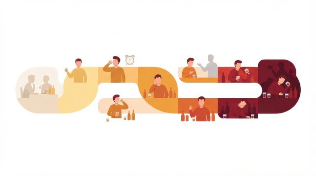 Illustration shows various stages of alcohol consumption and its effects on health and lifestyle choices over time.