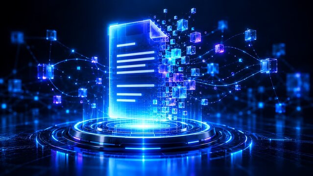 Futuristic digital document processing concept with secure files, data connections, and automated information management