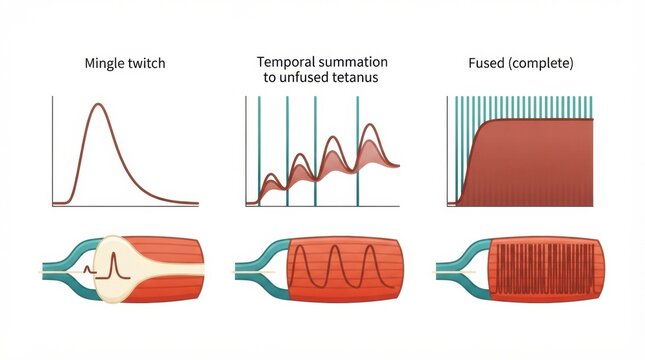 Various stages of muscle fiber contractions including mingle twitch, temporal summation, and fused tetanus in cellular anatomy.