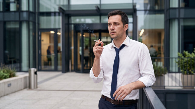 Stressed businessman smoking a cigarette outside a modern office building. Tired male executive taking a smoke break to cope with work pressure and anxiety