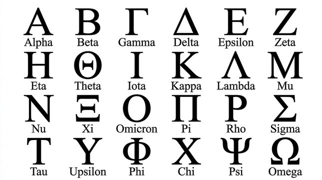 Complete Greek Alphabet Chart with Uppercase Letters and Names from Alpha to Omega on White Background