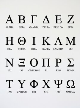 Complete Greek Alphabet Chart with Uppercase Letters and Names from Alpha to Omega on White Background