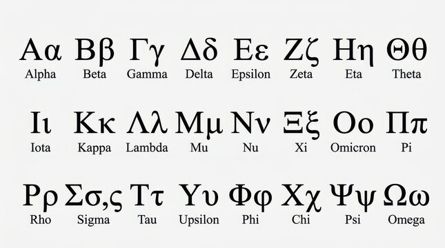 Complete Greek Alphabet Chart with Uppercase and Lowercase Letters and Names on White Background
