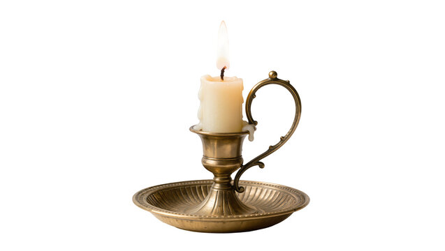 Ornate brass candlestick holding a lit cream candle, isolated on transparent background