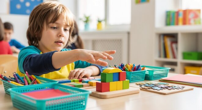 Child engaged in learning activity with building blocks and art supplies on table. Child interacts with colorful blocks and art materials during creative learning session at school.