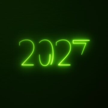 Video animation of abstract neon lights with the numbers 2027,and the message happy new year in green over dark background - represents the new year - vacation concept.