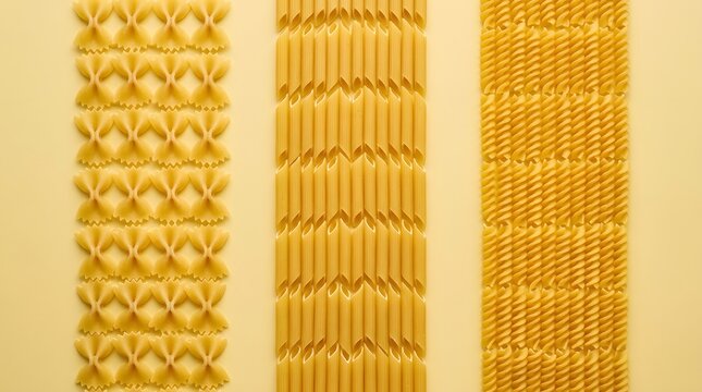 Dry farfalle penne and fusilli pasta shapes arranged in vertical parallel rows creating a symmetrical culinary pattern on yellow surface.
