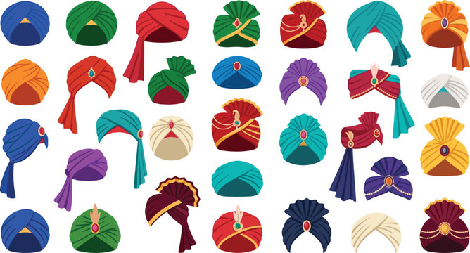 Traditional Indian Turban and Royal Pagri Icon Set with Colorful Rajasthani Punjabi Wedding Safa Headwear and Ethnic Cultural Symbols for Web Graphic Designs