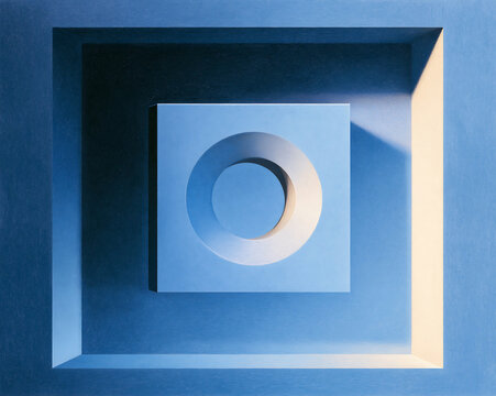 A3d geometric composition featuring a white cube with a circular hole in the center, set within a blue square frame with soft lighting