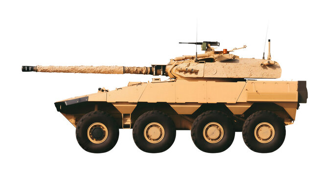 A prototype of a French tank destroyer, known as the Vextra 105, with an 8x8 wheel arrangement