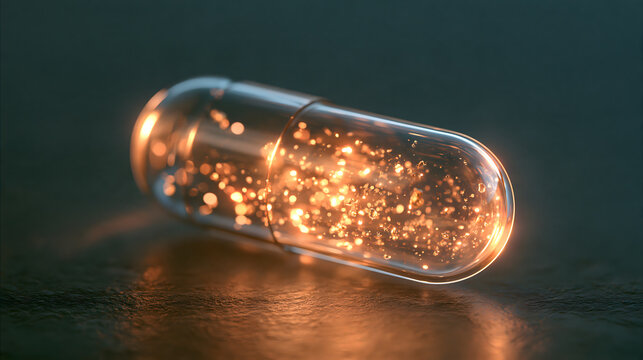 Extreme Macro Close-up Photography of a Single Transparent Glass Medical Capsule Containing Floating Glowing Gold Particles