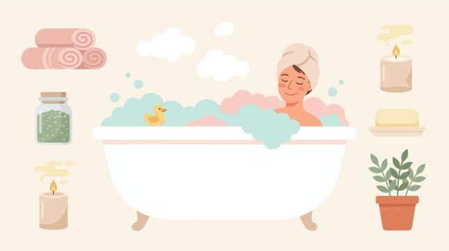 Woman relaxing in a bubble bath with wellness and spa self care routine elements