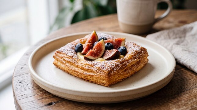 Gourmet square Danish pastry with vanilla custard fresh figs and blueberries on ceramic plate with copy space