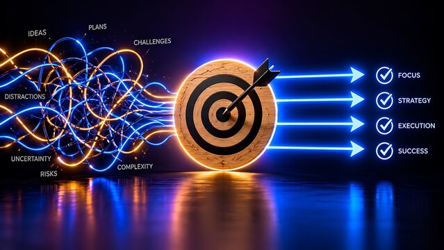 Target strategy concept showing focused business goals, success, growth, and measurable results with arrows reaching a bullseye