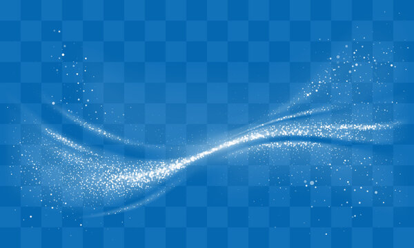 Transparent overlay with white snow dust particles and glowing sparkles. Abstract translucent design element with bokeh, wind snow swirls, sparkling frost effect. Vector illustration