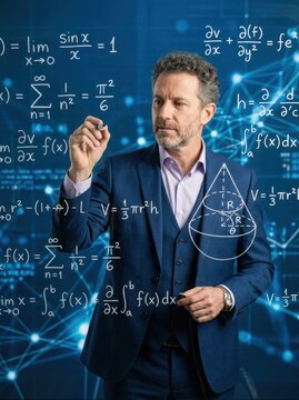Focused Mathematician Writing Complex Calculus Formulas on a Virtual Screen for Scientific Research and Data Analysis