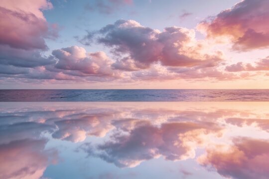 A calm ocean mirrors a dramatic pastel sky creating seamless symmetry with smooth water and a dreamy minimal atmosphere