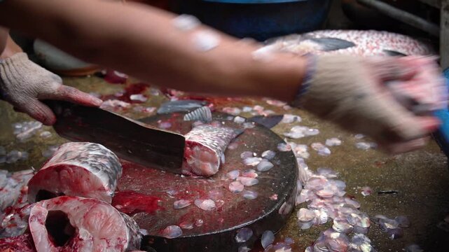 Close-up of workers cleaning and cutting fresh fish on a wooden chopping board during traditional braised fish preparation in Vu Dai village, Ninh Binh, Vietnam.