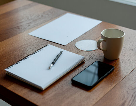 L'intelligenza artificiale integrata nella tecnologia di tutti i giorni, come dimostra una postazione di lavoro ordinata con notebook, smartphone e tazza, a simboleggiare un supporto digitale.