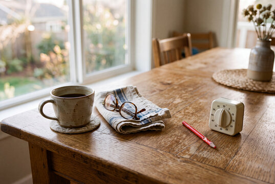 Scene di vita familiare multigenerazionale attorno a un tavolo da pranzo, con oggetti di uso quotidiano che suggeriscono routine condivise, calorose interazioni domestiche di diverse et&agrave;.