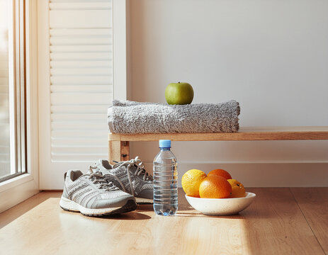 Un momento di benessere e recupero a casa dopo l'attivit&agrave; fisica, con scarpe da corsa, acqua e frutta fresca. Atmosfera rilassante e salutare che mette in risalto l'equilibrio post-allenamento