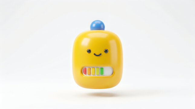 A cute yellow 3d character toy with a blue hat isolated on a clean white studio background