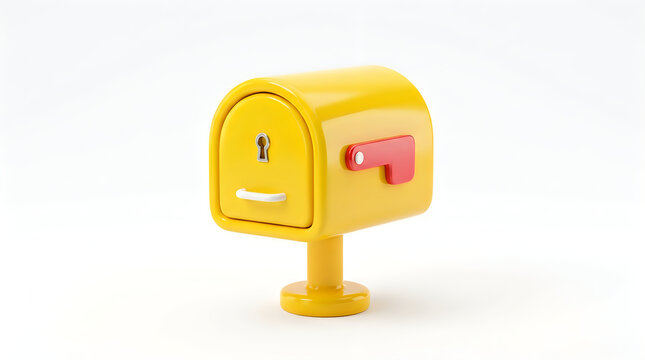 A bright yellow metal mailbox with a red flag isolated on a clean white background for postal service
