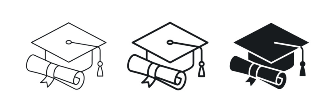 Graduation cap and rolled diploma represent academic achievement and completion