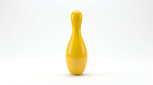 Single yellow plastic bowling pin standing upright isolated on a clean white studio background for sports concepts