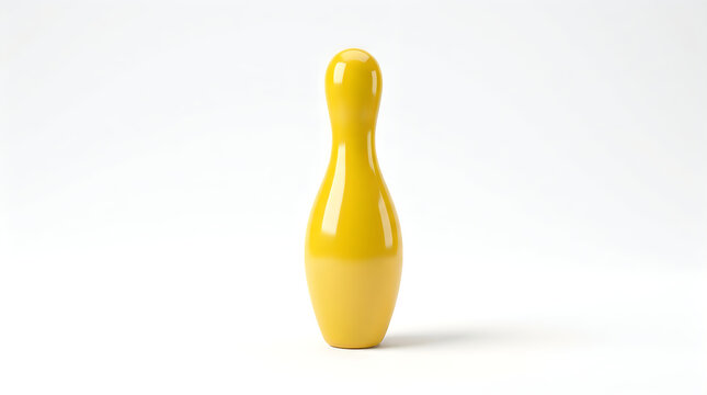 A single bright yellow bowling pin standing upright isolated on a clean white background for sports concepts