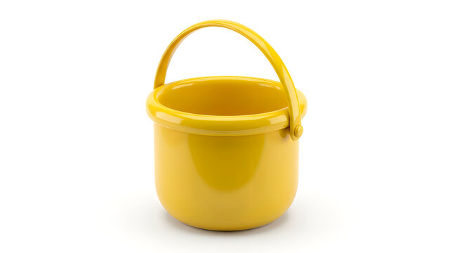 A single empty yellow plastic bucket with a handle isolated on a clean white studio background
