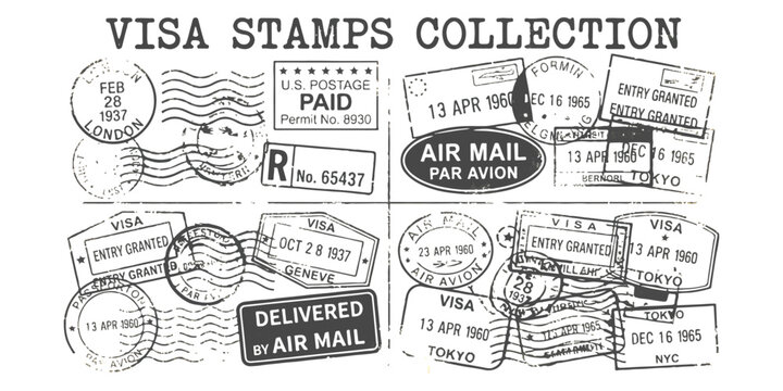 Collection of vintage passport visa stamps and international travel postmarks