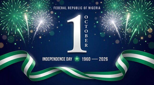 Nigeria Independence Day fi eworks banner with flag ribbon Nigeria, Independence Day, fireworks, flag ribbon, patriotic, national pride, celebration, holiday, greeting card, banner, poster
