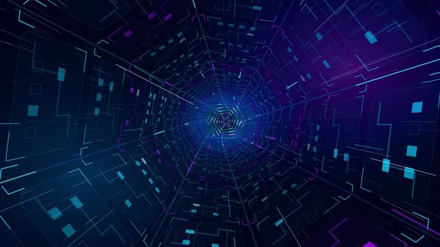 Flight through a digital tunnel with stars and a hexagonal portal