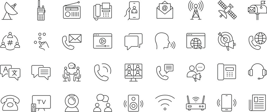 Set of communication icons showing network connectivity mobile telephony and broadcast technology in flat outline style.