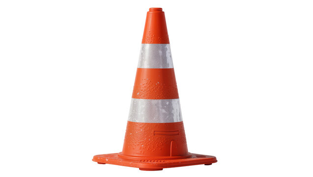 Orange traffic cone with reflective stripes covered in water droplets, isolated on transparent background
