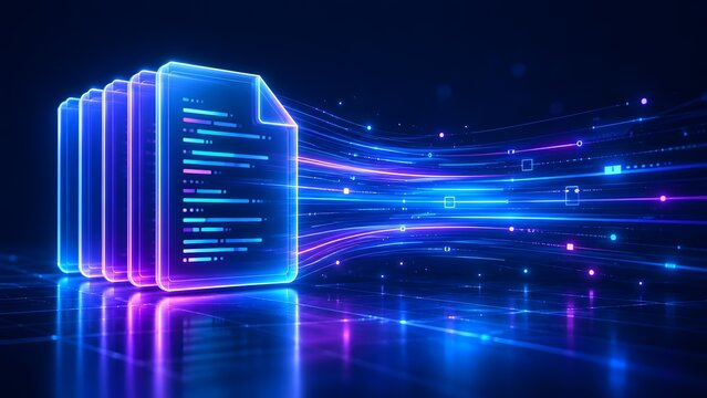Digital documents and data streams in neon blue and purple
