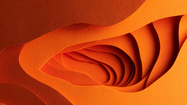 Abstract layers of cut paper creating a 3D depth effect on solid orange background, modern papercut art, geometric wavy shapes, vibrant background, graphic design template
