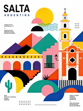 Colorful geometric poster illustrating Salta, Argentina with a historic church, mountain landscape, sun, cactus, and regional travel text.