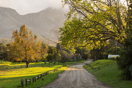country road, Klein Mountains and River at sunrise, Stanford, South Africa
