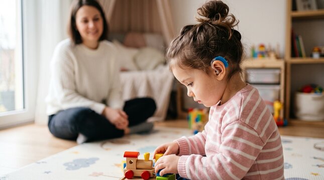 Young girl with hearing aid playing with wooden train on floor while mother watches in background