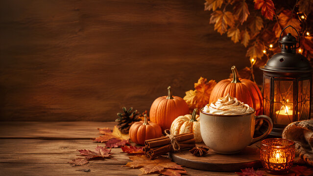 autumn still life, Cozy Pumpkin Spice Latte Autumn Background with Pumpkins, Lantern and Fall Decor