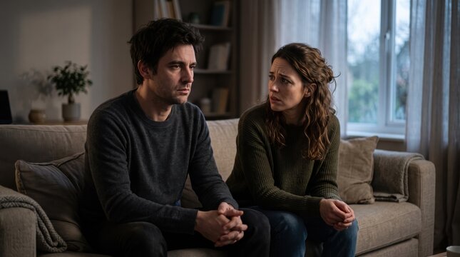 Sad woman looking at upset man sitting on sofa. Young couple having problems in relationship and conflict. Crisis in family, couple therapy and psychology counseling