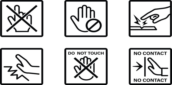 Do not touch and no contact warning sign icons line art vector set