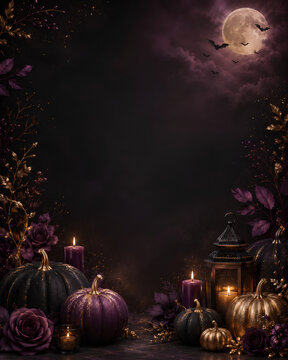 halloween background with pumpkin and bats, Luxurious Gothic Halloween Background with Moon, Bats, Purple Pumpkins and Dark Florals