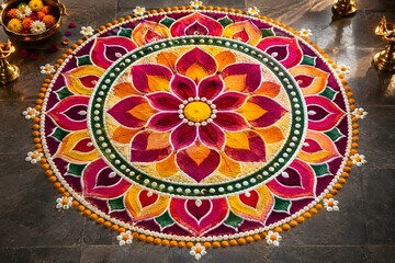 Obraz premium Large Circular Lotus Rangoli with Shell Dot Borders on a Dark Slate Floor
