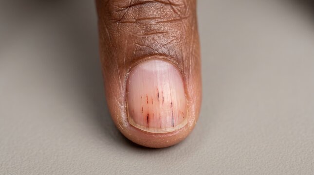 Splinter hemorrhage longitudinal brown lines under dark skin human fingernail closeup
